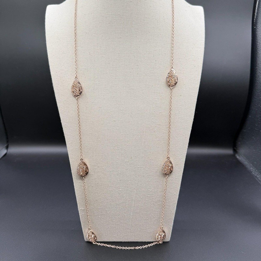 C1946 Rose Gold Tone Rhinestone Filigree Teardrop Long Station Necklace Crystal